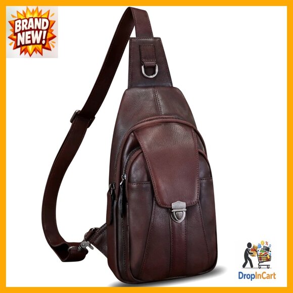 Genuine Leather Sling Backpack Retro Crossbody Daypack Adjustable Straps